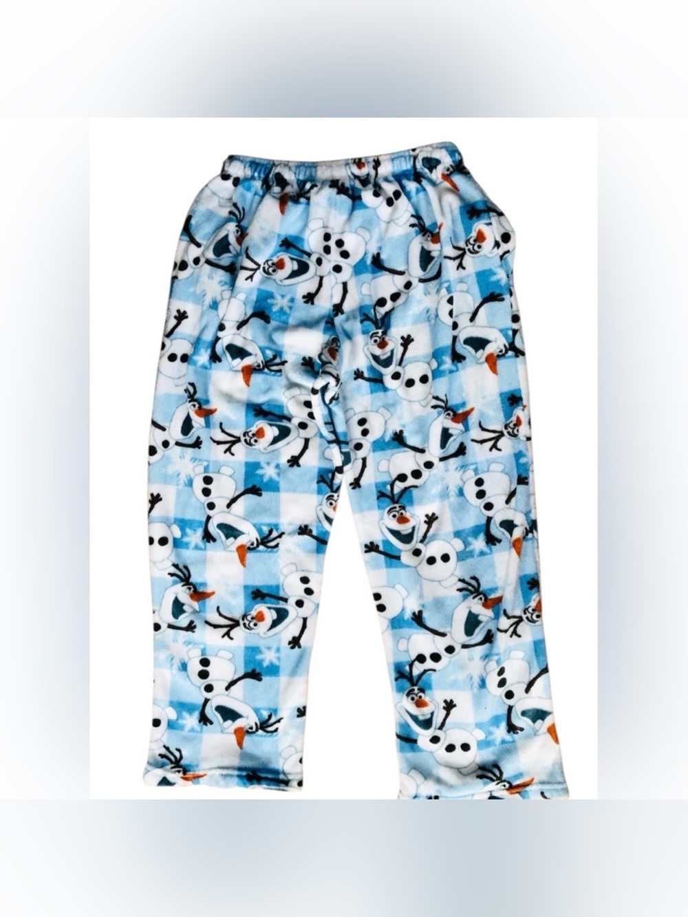 Disney Frozen Pants Sz Large Blue White Olaf Snowman Snowflake Fleece Polyester